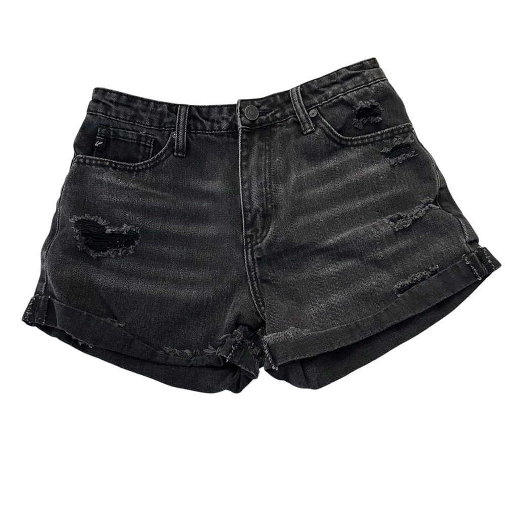 KanCan Women’s High Rise Black Washed Distressed Denim Jean Shorts Sz M GUC